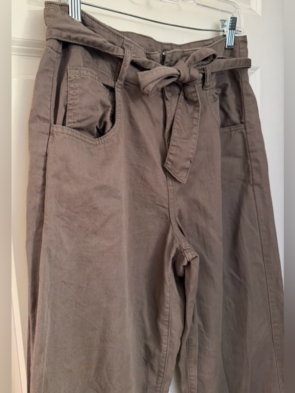 OAT 100% Cotton Wide Leg Full Length Pant w/ Tie Belt Closure, Khaki/Olive, 28 - Picture 2 of 11